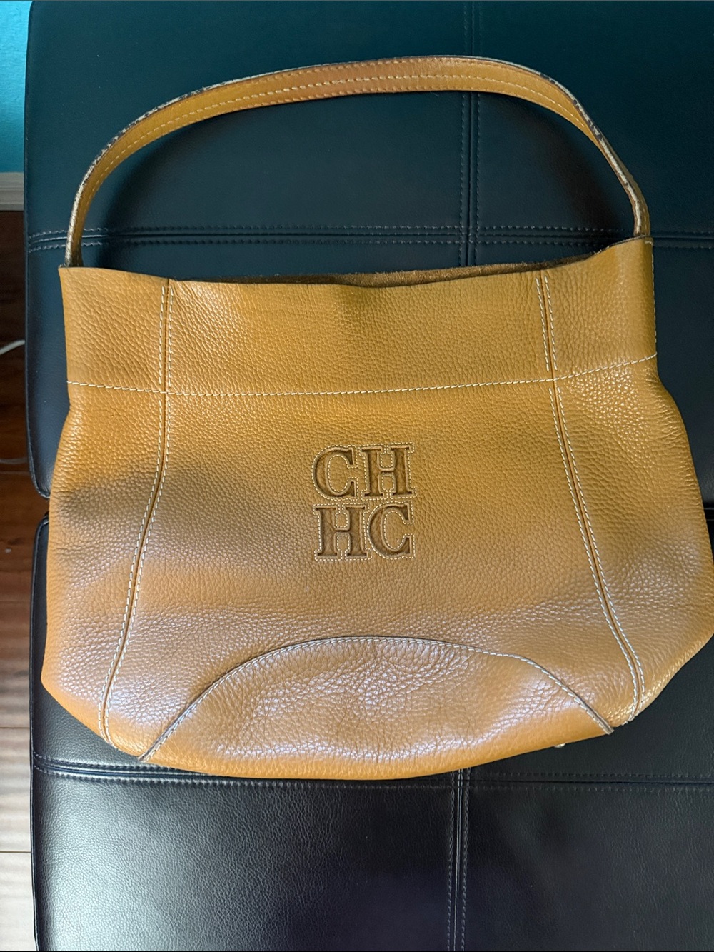 Carolina Herrera Mustard Pebbled Leather Shoulder Bag with CHHC Logo